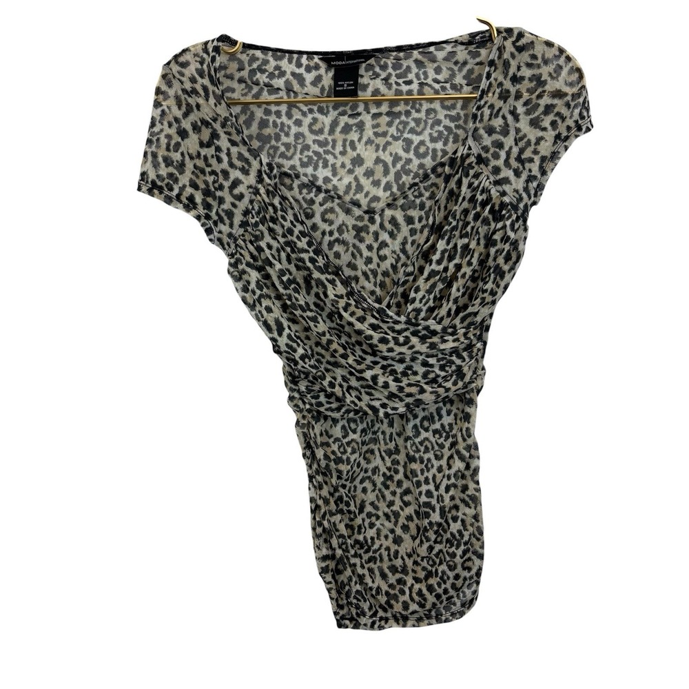 Y2K 2000s Moda International Sheer Leopard Nylon Wrap Top Size S